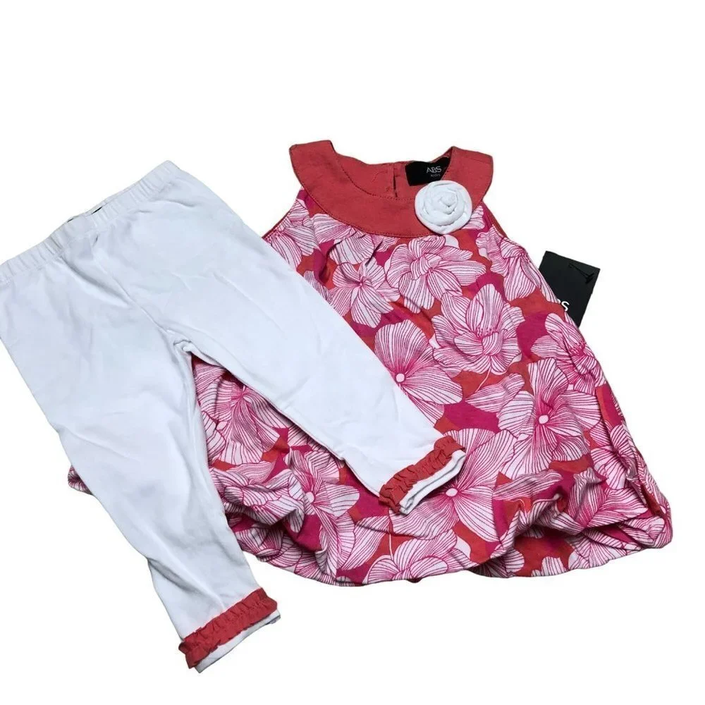 ABS KIDS BABY GIRL TWO PCS OUTFIT SET DRESS & WHITE LEGGING SIZE 12 MOS NEW WITH